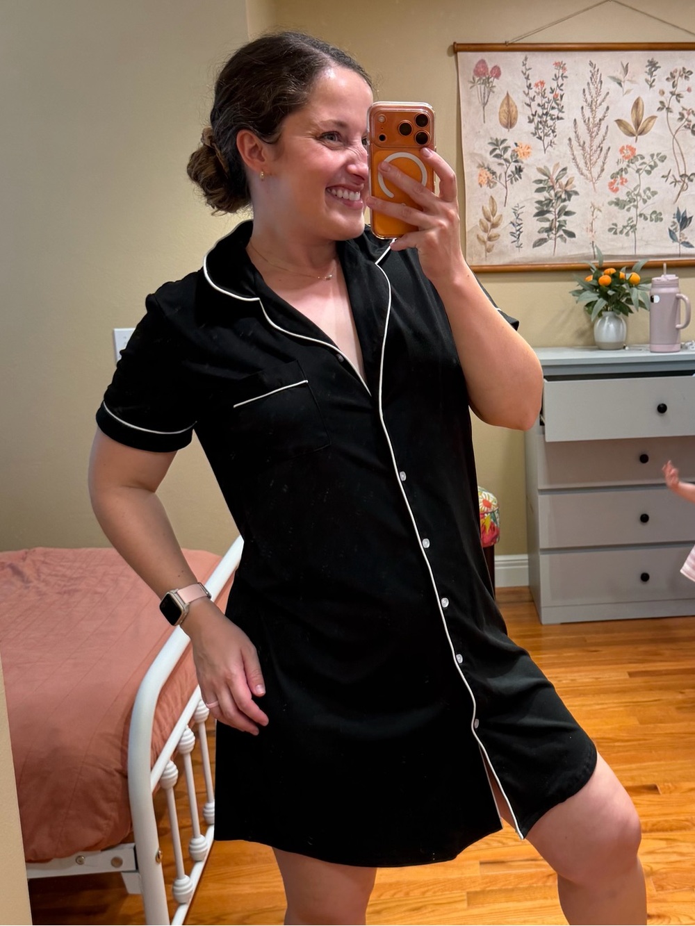 Black Short-Sleeve Button-Front Pajama Shirt Dress with White Piping large